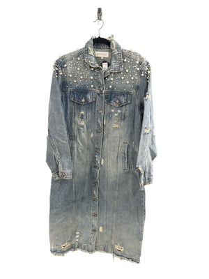 Open image in slideshow, Pearl and Crystal Distressed Long Denim Jacket
